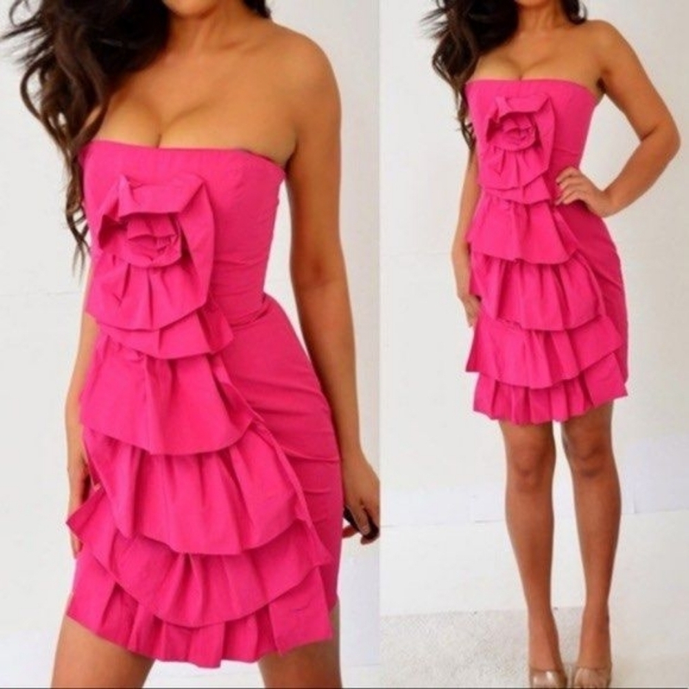 BCBGMaxAzria Strapless Fuchsia Ruffle Dress